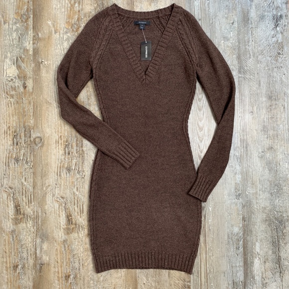 Express Dresses & Skirts - NWT Express Brown Knit Fitted V-neck Sweater Dress